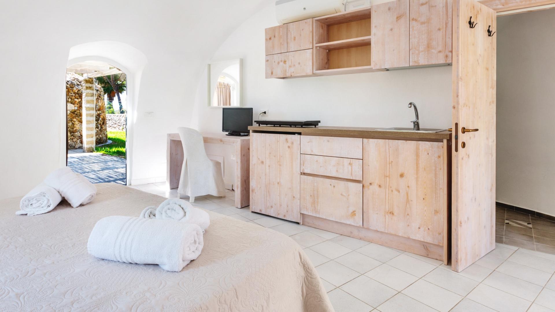 Bright room with bed, kitchen, desk, and garden view.