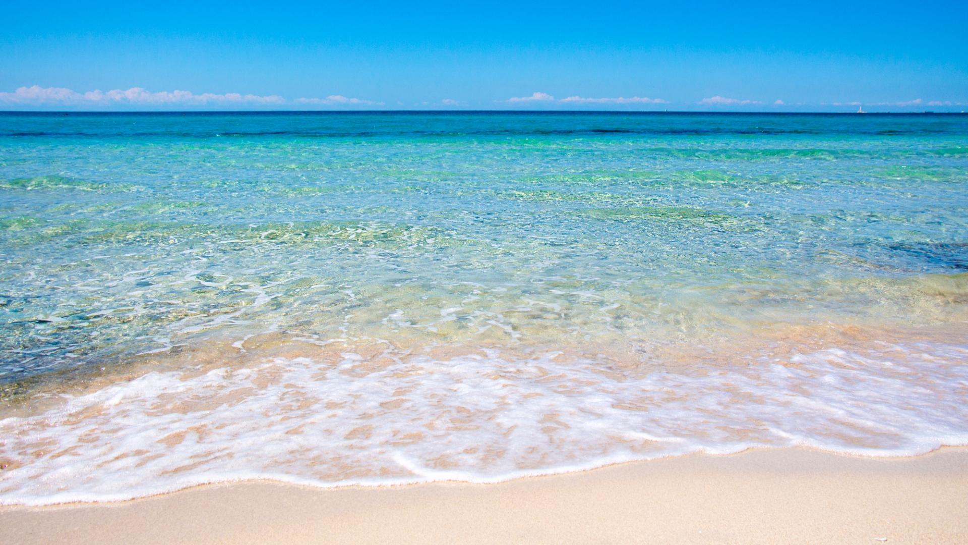 Sandy beach with crystal clear water and clear blue sky.