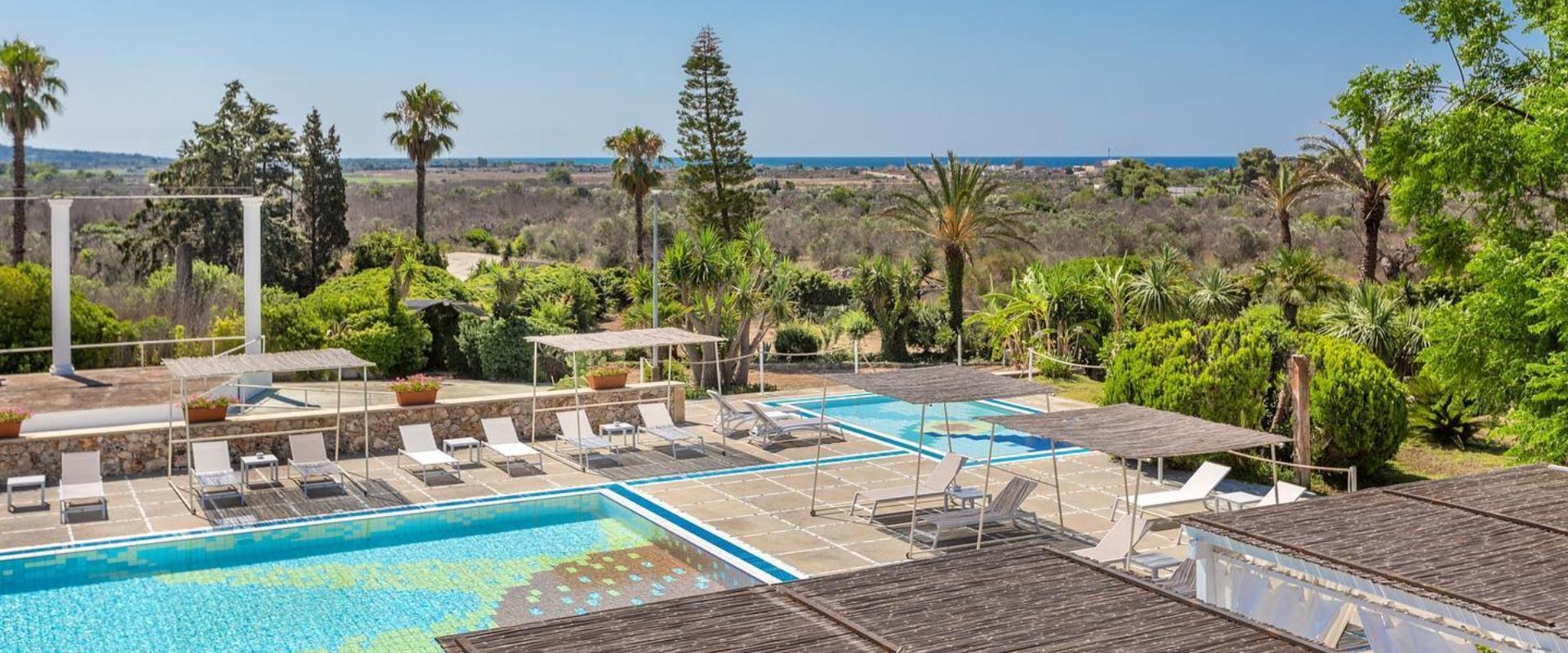 Outdoor pool with sea view, surrounded by palm trees and greenery.