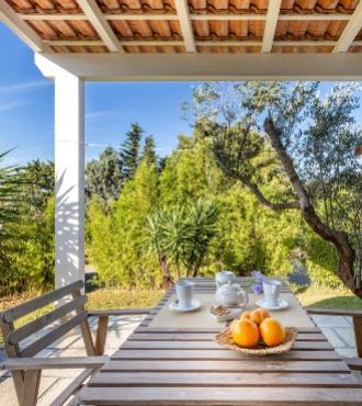 Terrazza soleggiata con tavolo apparecchiato per colazione, circondata da alberi verdi.