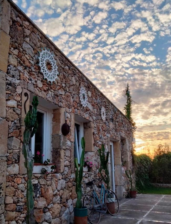 Stone house with cacti and bicycle at sunset.